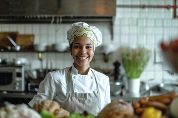 Portrait of confident successful woman cook - obrazy, fototapety, plakaty