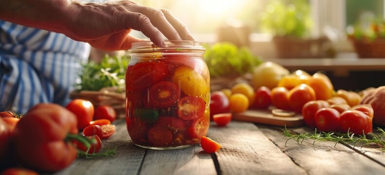 Preserving fresh tomatoes in jar at home. Sustainable living and healthy eating.