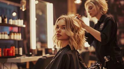 In the hair salon, a stunning blonde model gets a new haircut, hair color, and styling. conversing with the hairstylist while seated in the chair