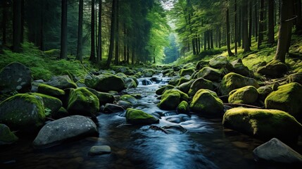river landscape in the middle of tropical forest with mossy rocks