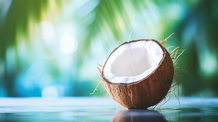 fresh coconut on a wooden table, on a blurred background of a sea of palm trees - obrazy, fototapety, plakaty