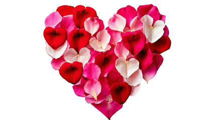Close-up of a heart made of red-pink rose petals on a transparent background, the concept of Valentine's Day, celebration, anniversary, birthday, love and tenderness for women.