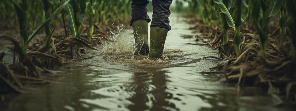 a male farmer stands in rows of corn, a flooded field