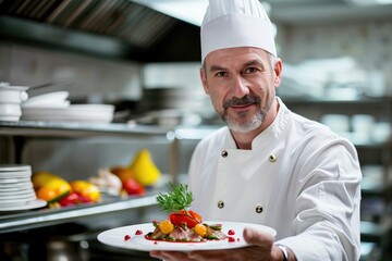 Accomplished chef presenting a gourmet dish, with an elegant restaurant kitchen background.