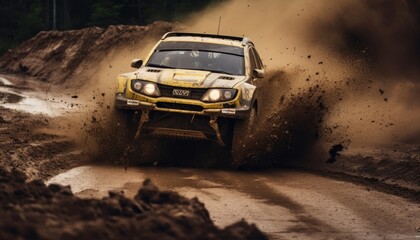 Rally Car Spinning Through Muddy Dirt Road in Thrilling Race