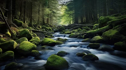 Tuinposter river landscape in the middle of tropical forest with mossy rocks © nomesart