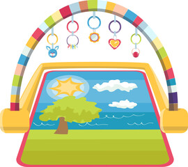 Colorful baby play mat with hanging toys and scenic nature background. Child play gym with sun, tree, and clouds. Childhood joy and nursery equipment vector illustration.