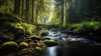 Foto auf Alu-Dibond river with mossy rocks in the middle of a tropical forest © nomesart