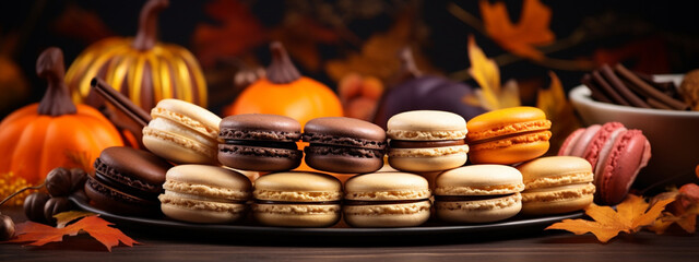 close up of macaroons on a plate autumn concept