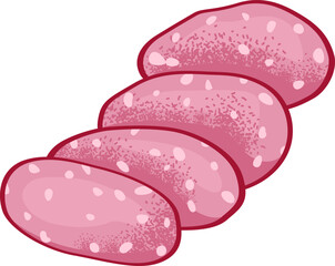 Cartoon style sliced salami pieces. Pink salami with fat spots, food illustration. Delicatessen sliced meat, vector illustration.