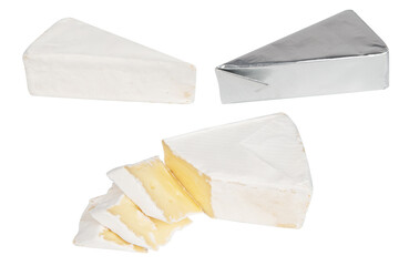 Brie cheese in a triangle on white background isolated