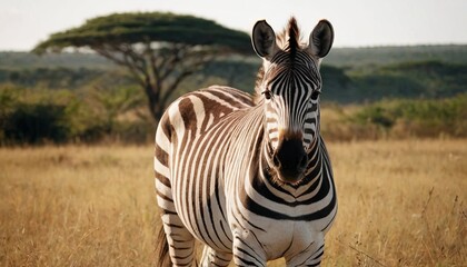 Zebra looks at the camera against the backdrop of the African savannah.