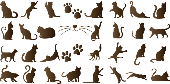 Cat silhouettes, playful cats poses, standing, sitting, scalable vector. Ideal for pet content, print, vet clinics, cat lovers. Black cats, paw print, whiskers, perfect for animal care, pet lover