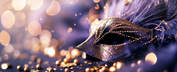 Masquerade \ Mardi Gras mask with gold feathers, jirohoda, lights, and glitter background in black...