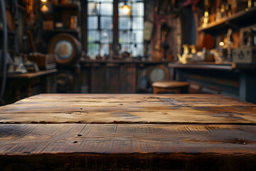 Fototapeta na wymiar Vintage Elegance Foreground Wooden Table, Blurred Classic Decoration Background