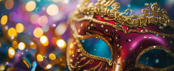 Mardi Gras gold and red carnival mask with decorations