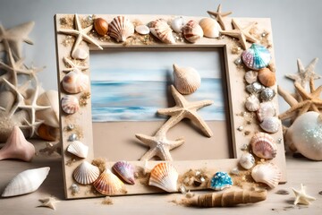 A wooden picture frame decorated with seashells and glitter, showcasing a child's artwork.