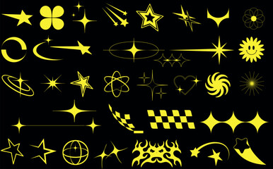 Y2K element vector illustration, trendy elements. Icons are arrows, stars, flames, checkered racing flags, planet, comet, cursor, peace sign, banner, shooting star, UFO. Retro vintage 90s, 2000s style © Arafat