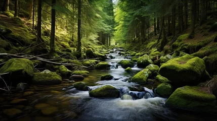 Keuken spatwand met foto river with mossy rocks in the middle of a tropical forest © nomesart