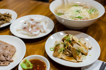 Chinese restaurant with pork liver, tofu and squid