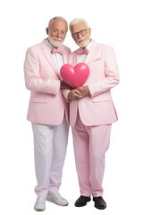 Elderly Male Couple holding a heart in pink suits