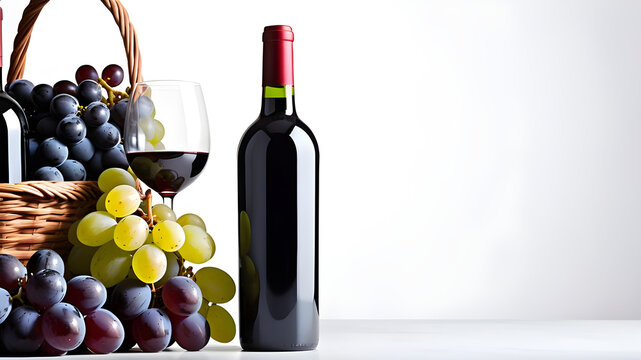 Bottle and glass of red wine on a white background. Copy space. Grapes fruit were placed on the table.