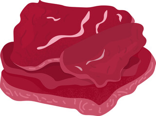 Raw meat illustration with multiple steak cuts. Red fresh beef or pork slices, uncooked protein source. Culinary ingredient for barbeque and cooking vector illustration.
