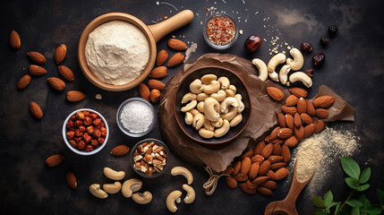 Fototapeta na wymiar Various nut flour, almond, hazelnut top view