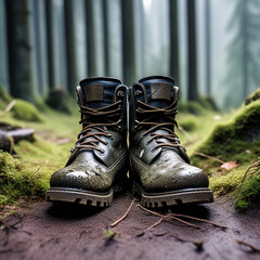 Pair of old worn out hiking boots in forest
