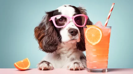 Foto op Plexiglas A cute dog drinks an orange cocktail from a glass glass © Tereza