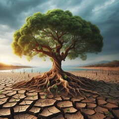 Alone tree on a cracked land, desert, climate change concept