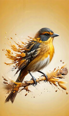 magical, colorful, bright bird sitting on a branch in the form of yellow feathers