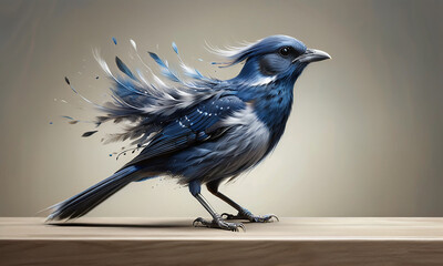 magical blue bird with bright feathers sitting on a painter table