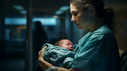 nurse in a hospital with a newborn baby, birth, maternity, healthcare