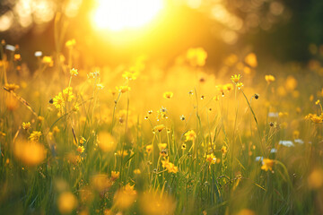 Abstract sunset field landscape with yellow flowers