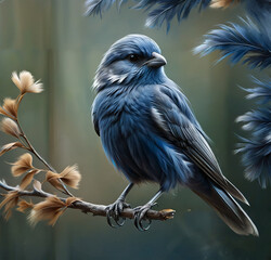 a magical blue bird with bright feathers sitting on a branch