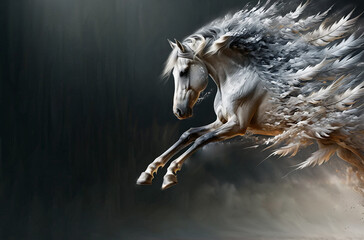 magical, running, white horse with feathers on its mane