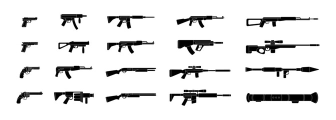 Various modern weapons. Military weapons silhouettes. Tactical assault rifles, smoothbore guns, AK 47, sniper rifles, anti-tank grenade launchers.