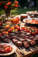 grilled meat outdoors on a picnic table