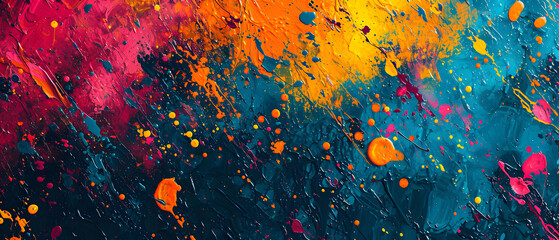 An explosion of vibrant color and abstract shapes bring an electrifying energy to this art piece, as orange hues dance across the canvas in a chaotic yet beautiful display of art paint - obrazy, fototapety, plakaty