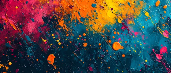 Foto op Aluminium An explosion of vibrant color and abstract shapes bring an electrifying energy to this art piece, as orange hues dance across the canvas in a chaotic yet beautiful display of art paint © Daniel