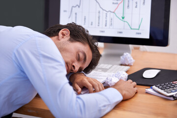 Fototapeta na wymiar Business man, sleeping and accountant or tired at desk, professional and dream in workplace. Businessperson, nap and exhausted in office or rest, computer screen and stress for stock market or lazy