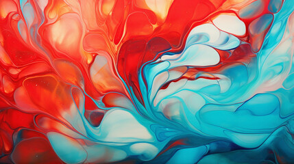 Waves of cherry red and turquoise blue intertwining, giving birth to a dynamic and immersive liquid abstraction.