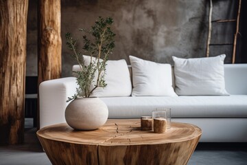 White Couch and Wooden Table in Simple, Modern Living Room Decor. Scandinavian home interior design of modern living home. - obrazy, fototapety, plakaty
