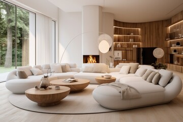 Fototapeta na wymiar Spacious Living Room With Large White Couch. Scandinavian home interior design of modern living home.