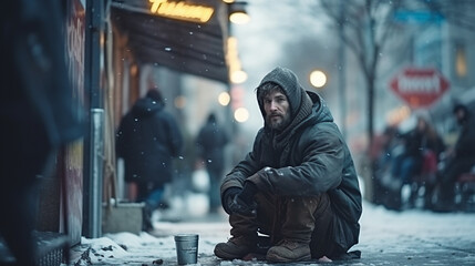 homeless in the cold snow. Problems of the homeless in the concept of the city - obrazy, fototapety, plakaty