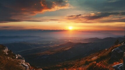 Fototapeta na wymiar Mountain Majesty: Beholding the Breathtaking Sunset Over the Majestic Peaks, Where the Sun's Fiery Kiss Illuminates the Horizon. As Day Fades into Night, the Mountains Stand Silhouetted 