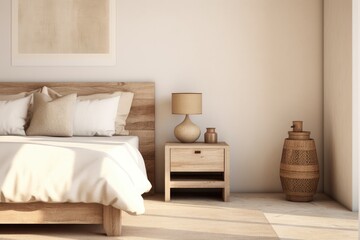 Bedroom With Bed, Nightstands, and Wall Painting. Scandinavian home interior design of modern living home.