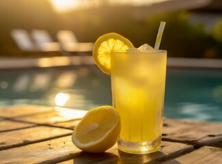 Lemonade glass isolated on table next to the pool in resort hotel. Closeup photography.