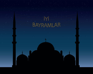 İyi bayramlar (Translate: Happy holidays or happy eids) lettering hanging on Mosque's mahya vector. Mahya is an enlightenment arrangement between two minarets
